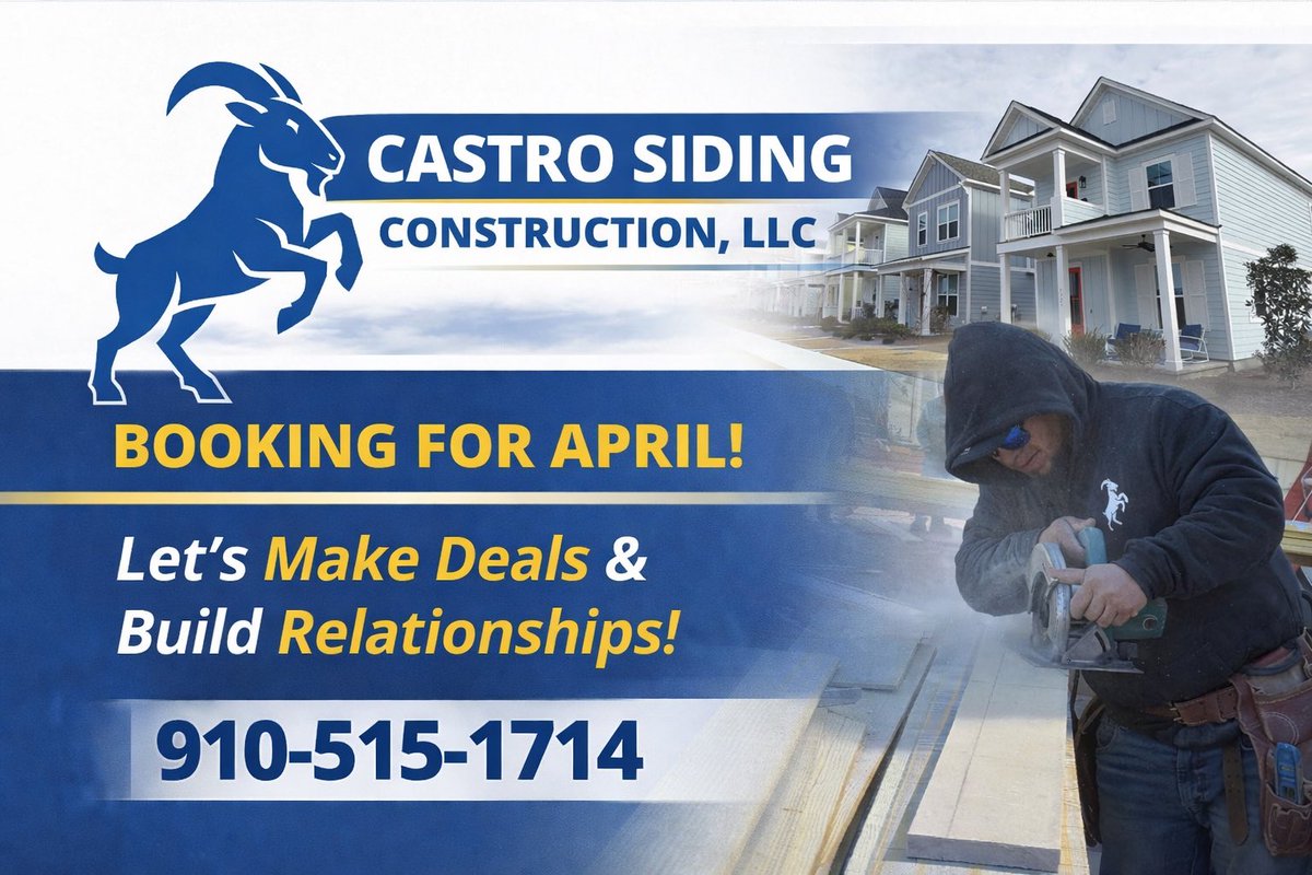 CastroSidingCo's tweet image. Booking April now — and we’ve got room to move.

If you’ve been thinking about getting your siding done, this is the time!

Call or text: 910-515-1714

#SidingContractor #HomeExterior #BuildRelationships