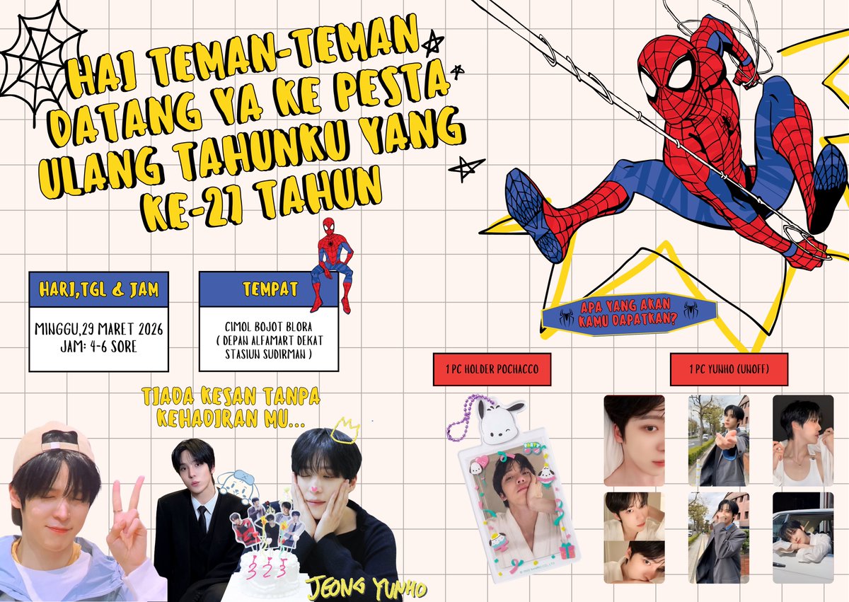 🕷️ Yunho &amp; Me: Double Birthday Celebration! 🕷️

Halo ATINY! Dalam rangka ulang tahunku dan Yunho yang ke-27 kita mau bagi-bagi freebies nih😚

Info lengkap ada di gambar ya. Jangan sampai nggak datang, karena tiada kesan tanpa kehadiranmu! 🕸️

#izin #anjay