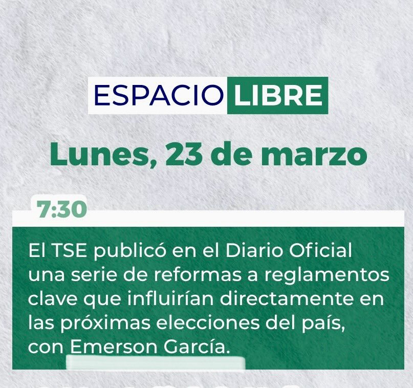 Nos vemos a las 7:30am por <a href="/EspacioLibreGt/">Espacio Libre ®</a> 

Hablaremos sobre las elecciones del próximo 2027 y las reglas que lo regirán 🗳️

<a href="/CValdizan/">Carmina Valdizán</a> <a href="/luisaftoledo/">Luisa F. Toledo</a> <a href="/Jevaldiz/">José E. Valdizán</a> <a href="/Mrayo/">Mariano Rayo 🇬🇹</a>