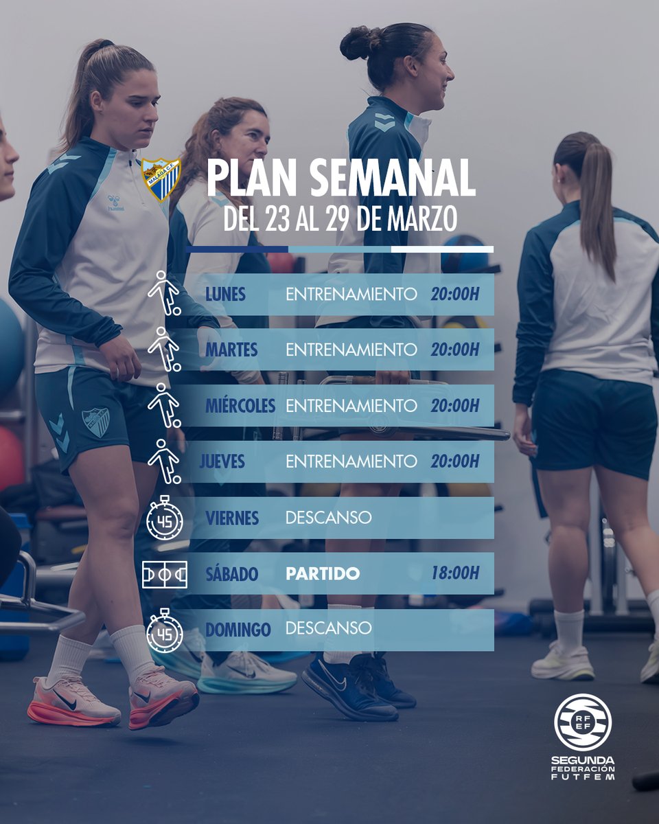 📆 𝐏𝐋𝐀𝐍 𝐒𝐄𝐌𝐀𝐍𝐀𝐋 📆

Tras no viajar ni competir el fin de semana pasado, con más ganas de entrenar y jugar que nunca.

¡A por el #MálagaCórdoba! 💙

#AgendaMCFF