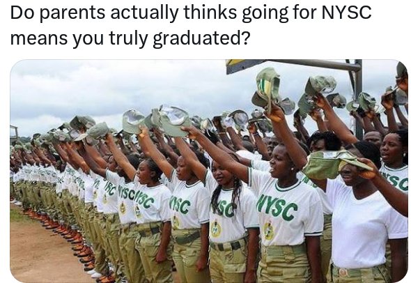 SundayObia1's tweet photo. Do you think NYSC actual mean you have graduated from school what's your take? 

Because  the pressure from parents, sponsors and many more is making mist of us feel bad 

Even with your certificate from your school there are still doubts that you did not complete your education. https://t.co/mOQHF5Cprl