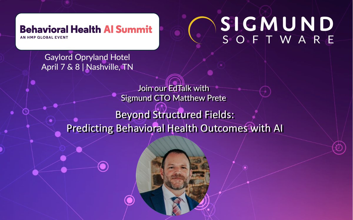 sigmundsoftware's tweet photo. The Sigmund team will be at the 2026 AI Summit this April 6–8 in Nashville, TN.

If you’re attending, check out our CTO, Matthew Prete, during his EdTalk: "Beyond Structured Fields: Predicting Behavioral Health Outcomes with AI"

#AISummit2026 #BehavioralHealth #EHR #AI https://t.co/ExD5SH8byq