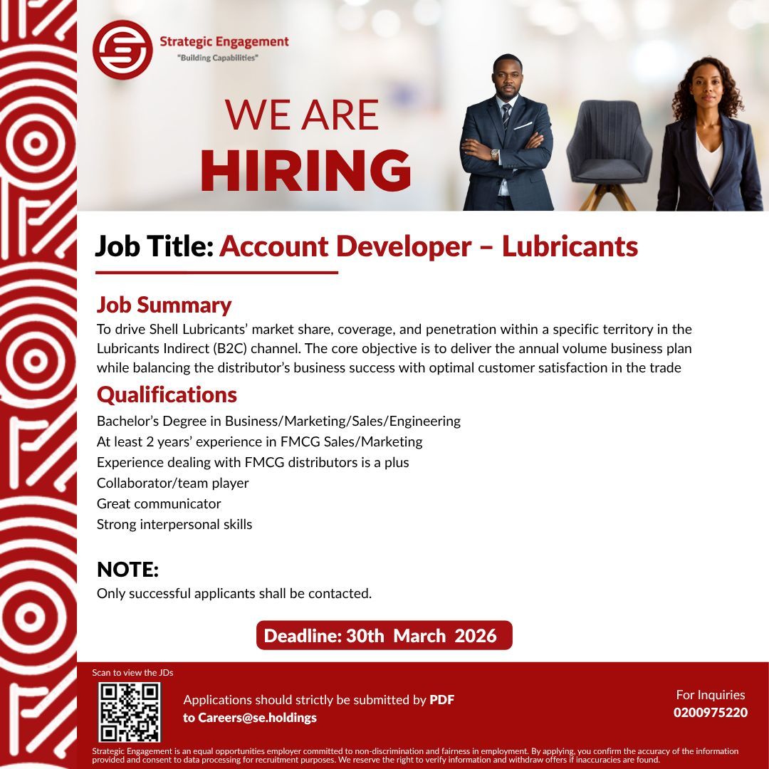 StrategicEngage's tweet photo. On behalf of our clients, we are hiring an Account Developer - Lubricants 
Email: Careers@se.holdings
Deadline: 30th March 2026

#BuildingCapabilities https://t.co/XoMM1IDDnf