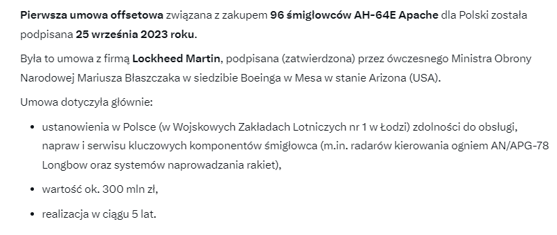 Czy Tusk, Kosiniak i politycy PO publicznie KŁAMIĄ nt. 96 śmigłowców Apache?

Tak.
To PiS i minister Błaszczak je zakupił.

Zgodę na sprzedaż Polsce USA wydały w SIERPNIU 2023.
Pierwsza umowa offsetowa była podpisana we WRZEŚNIU 2023.

Wtedy krytykowali ten zakup.
Banda kłamców.