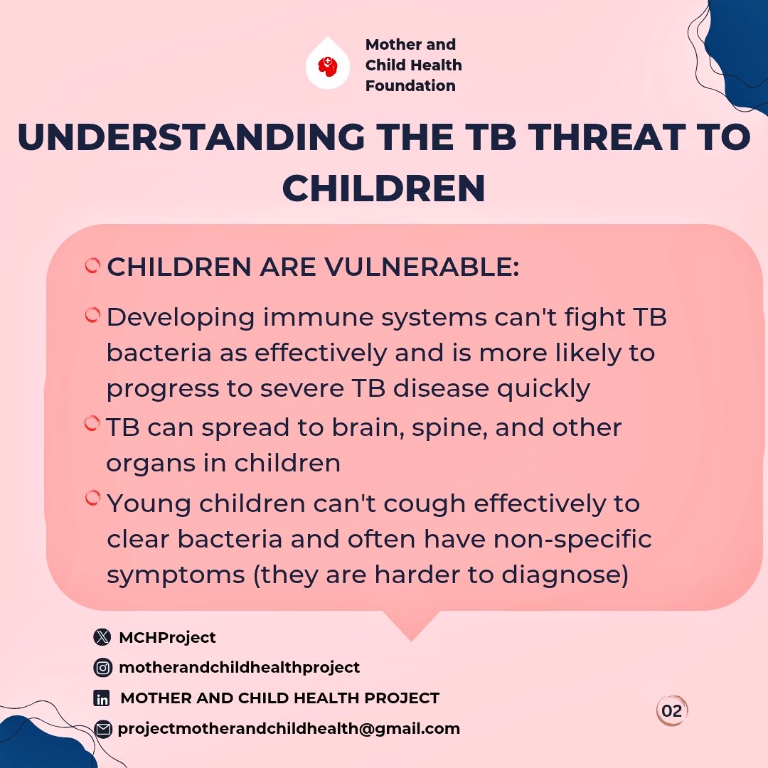 MCHProject's tweet photo. TB kills more people than any other infectious disease. Children under 5 are most at risk. But here's what every parent needs to know: TB is PREVENTABLE &amp; CURABLE!
5 ESSENTIAL TB PREVENTION TIPS:
1️⃣ BCG VACCINATION - The best protection against severe TB. Usually given at birth. https://t.co/FvdvuFCtUy