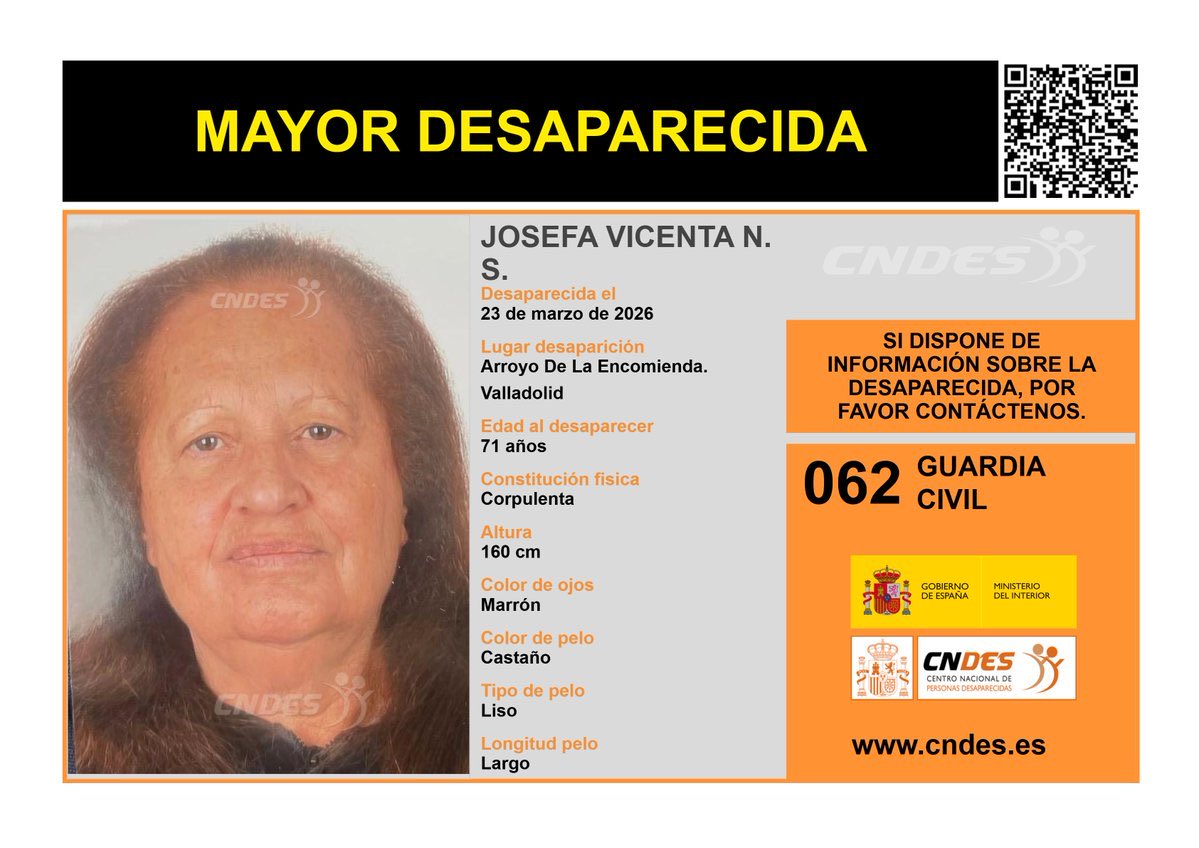 QSDglobal's tweet image. ⚠️🚺MAYOR DESAPARECIDA 
Se busca a Josefa de 71  años

🧐Última localización #ArroyodelaEncomienda
Valladolid

Ayúdanos➡️comparte📲
Si crees haberla visto
☎️062 @guardiacivil 

@cndes_oficial #mayor #desaparecida #Valladolid
