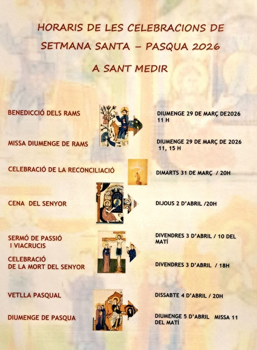 SantMedir's tweet photo. Horaris de les celebracions de #Setmana #Santa 2026 a la Parròquia de #SantMedir.⛪️
Us hi esperem!👇 https://t.co/PuO0ihLNM5