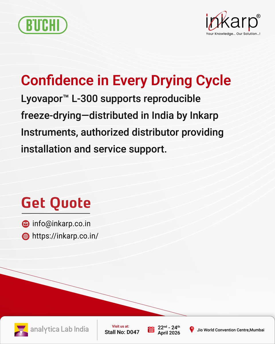 inkarpindia's tweet photo. ❄️ Lyovapor™ L-300 Freeze Dryer enables controlled freeze-drying to preserve sample integrity in laboratory workflows.

Get Quote:
📧 info@inkarp.co.in
🌐 https://t.co/eO0ePk26GR

#FreezeDrying #Lyophilization #Inkarp #Buchi https://t.co/fsIrzkZLhn