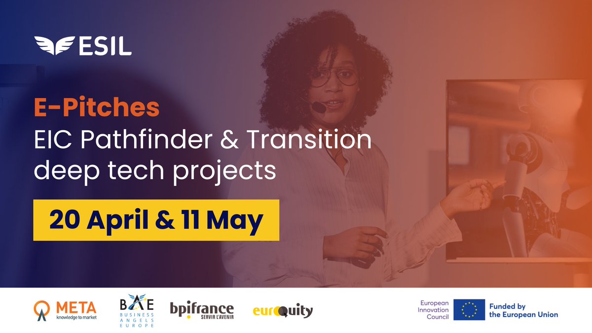 European_ESIL's tweet photo. Interested in long‑term deep-tech opportunities?
Join ESIL e‑Pitching to meet EIC Pathfinder &amp; Transition projects.
📅 20 Apr + 11 May 2026 | 🕓 16:00–17:30 CEST | Online
🔗 Register: https://t.co/yidob39zyr https://t.co/x5S1HS6k6S