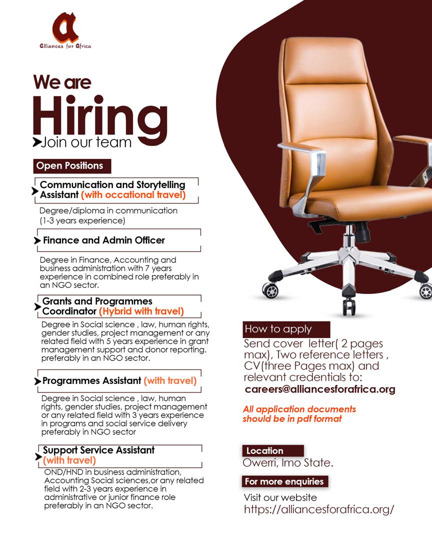AfAafrica's tweet photo. Vacancy Announcement!

@AfAafrica (AfA) is currently hiring for the following positions:

Communications and Storytelling Assistant
Finance and Admin Officer
Grants and Programmes Coordinator
Programmes Assistant
Support Services Assistant

Check out the flyer and the link below for more details:👇

https://t.co/uQpCKwmgHs

@AFF001 @UNGeneva  @UNOCHA  @Globalrightsng  @SOAWR  @coimpactcollab  @amplifyfund  @FordFoundation @FemnetProg
