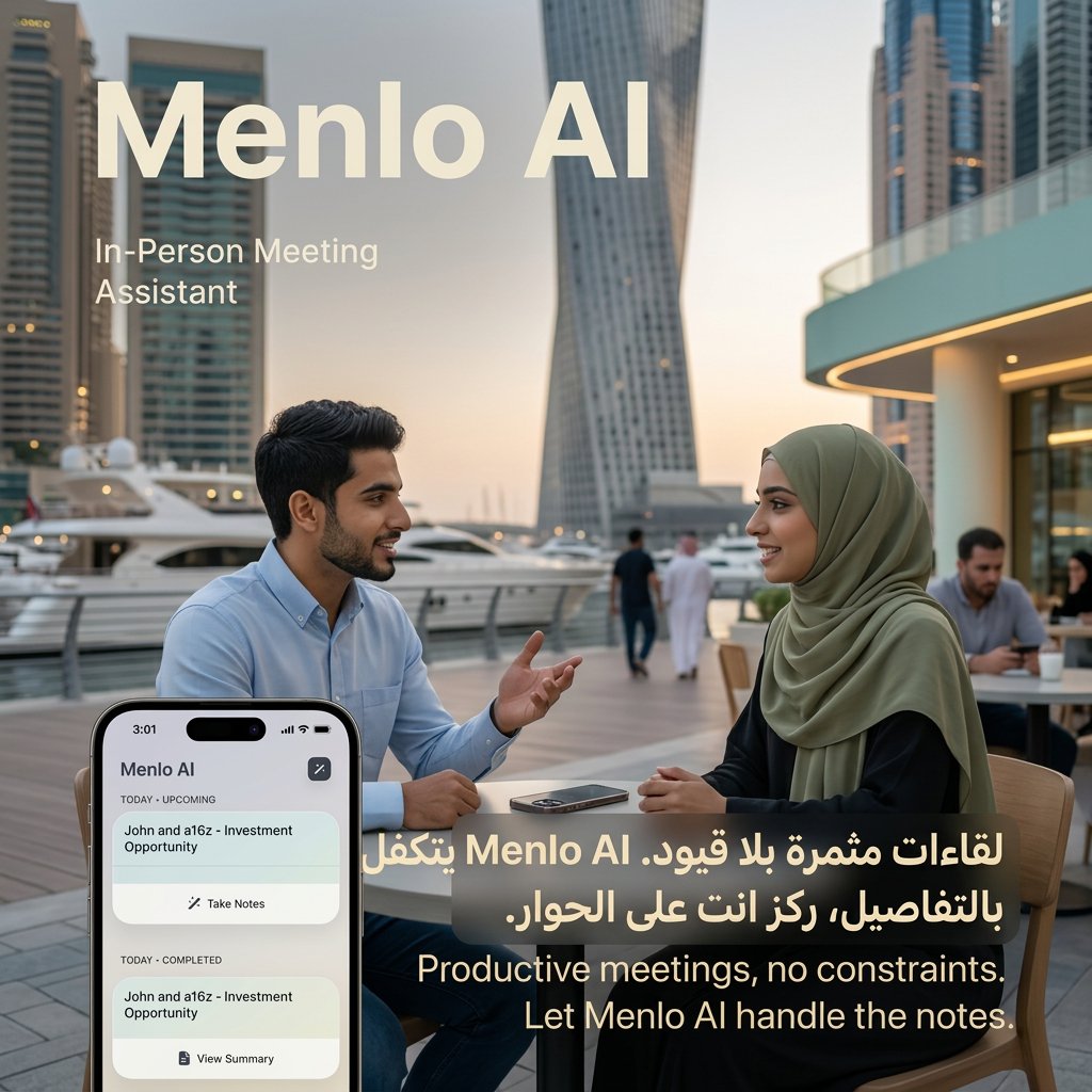 menloai's tweet photo. Meet smarter. Talk freely. Leave the rest to Menlo AI.

No notes. No distractions. Just real conversations — while Menlo captures everything, summarizes it, and turns it into action.

لقاءاتك بدون قيود. خل Menlo يهتم بالتفاصيل.

#MenloAI #AI #Productivity #UAE #GulfTech https://t.co/fTGsxCEqTp