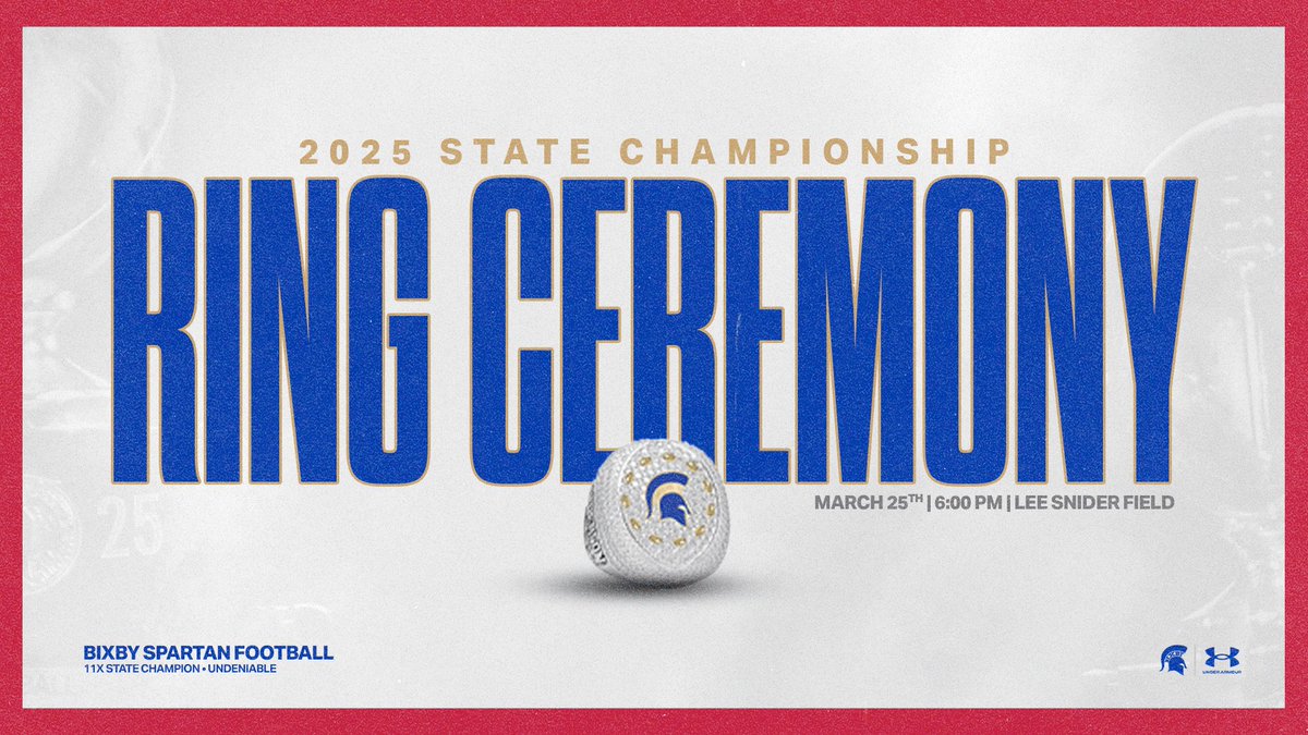 BixbySpartanFB's tweet image. This Wednesday, come celebrate with the Spartans at the 2025 State Championship Ring Ceremony.

📆 Wednesday, March 25th
🕕 6:00 pm
📍 Lee Snider Field

#BixbySpartans | #Undeniable