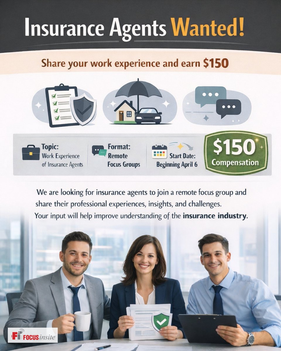 focusinsite's tweet image. Insurance Agents, Earn $150 in 60 mins 💼

💰 Join a paid remote focus group starting April 6.

✔ 60 mins 💻 Online 💰 $150
U.S.-based agents may qualify.

Sign up : apply.focusinsite.com/s/26-134-Insur…

#PaidStudy #InsuranceAgents #FocusGroup #SideIncome