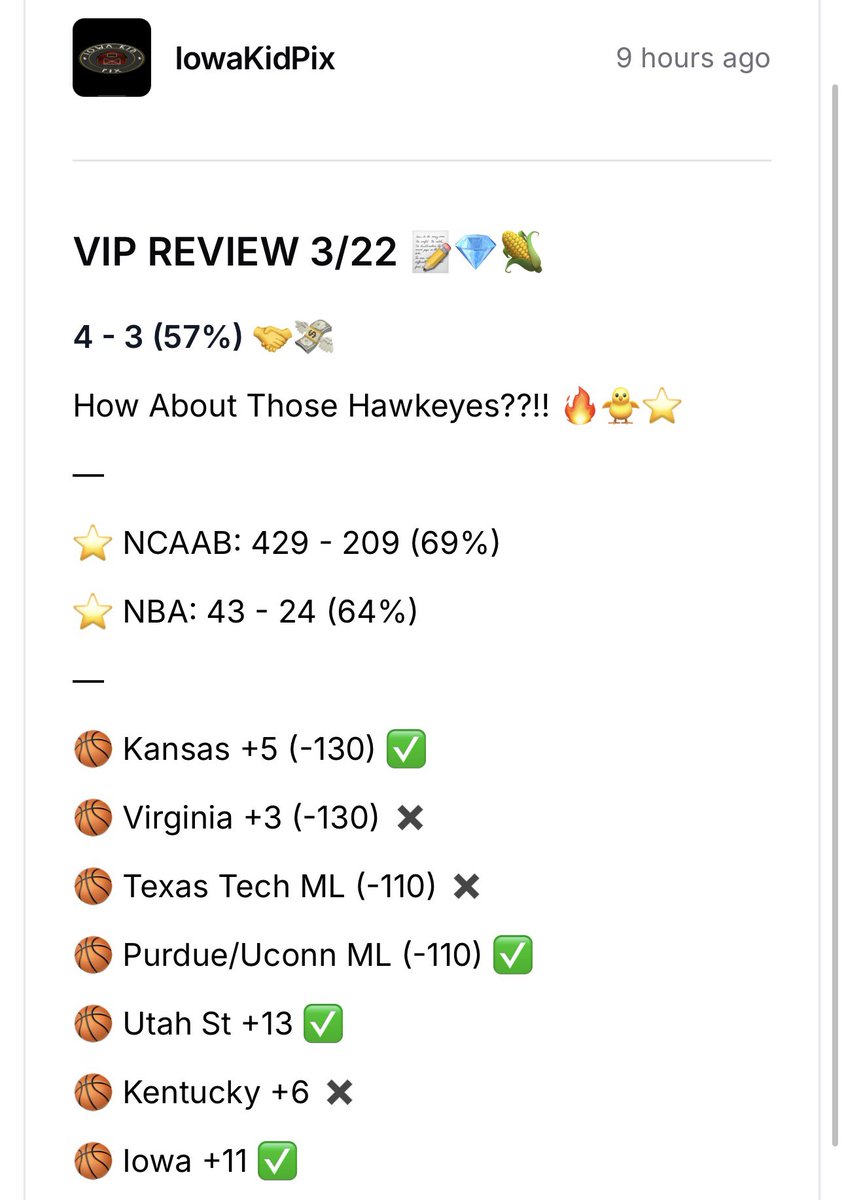 BettingPix's tweet image. VIP CARD + REVIEW 3/22 📝💎🌽

4 - 3 (57%) 🤝💸

How About Those Hawkeyes??!! 🔥🐥🤪

⭐️ NCAAB: 429 - 209 (69%)
⭐️ NBA: 43 - 24 (64%)

Join The VIP Team Today For All March Madness Winners! 🤑🤝

#Gambling #FreePlays  #VIP #IKP