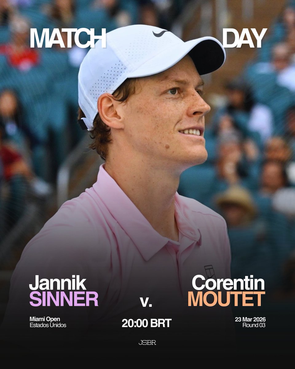 HOJE É DIA DE JOGO!!! 🩷

Jannik Sinner entra em quadra na noite desta segunda-feira para disputar sua segunda partida no Miami Open! FORZA 💪

📍 Stadium 1
🆚️ Corentin Moutet (33)
⏰ 19h00 🇺🇸 - 20h00 🇧🇷
📺 ESPN 2 e Disney+