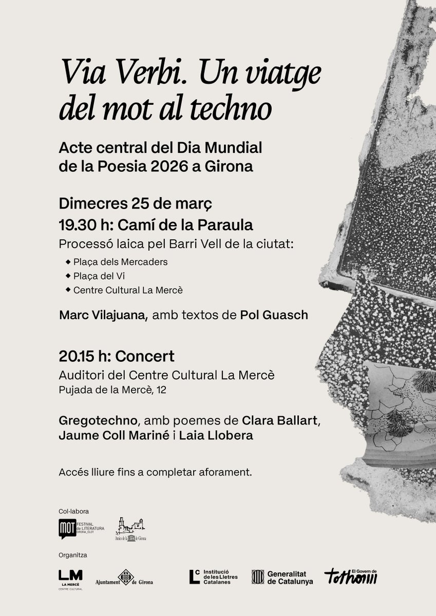 lletres's tweet photo. 🌸Girona tancarà el #DMP26 amb una doble proposta: un itinerari urbà de Marc Vilajuana seguit d'un concert de @gregotechno

💥19.30 h, Processó laica
📍Plaça dels Mercaders  

⚡️20.15 h, Concert
📍Centre Cultural de La Mercè @GironaCultura 

@govgirona 
Accés lliure 
@cultura_cat https://t.co/c79fPAyLbR