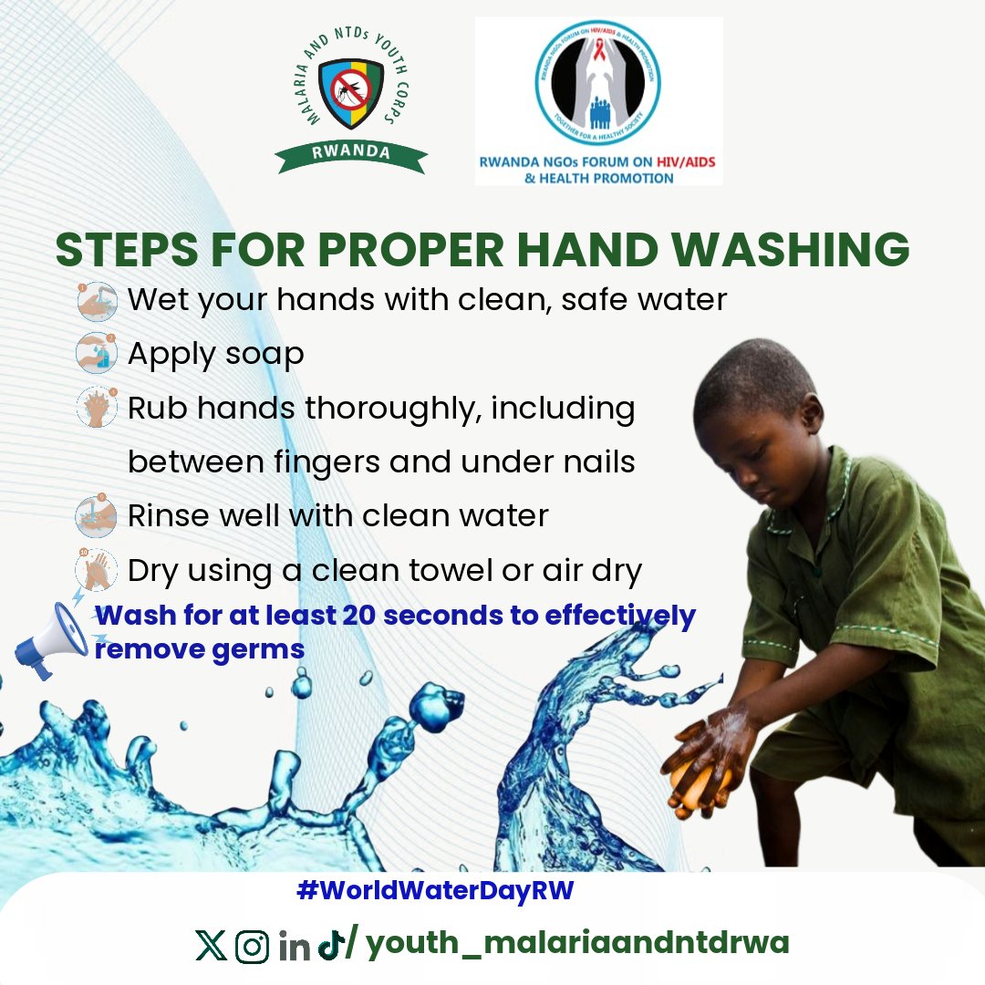 MalariaNTDcorps's tweet photo. As we celebrate #WorldWaterDay, we understand the importance of using clean water for proper handwashing to prevent diseases spread through hand contact. We are committed to raising awareness on washing hands to protect health and promote hygiene in our communities.
#WASHRw https://t.co/XZ83qjPXvP