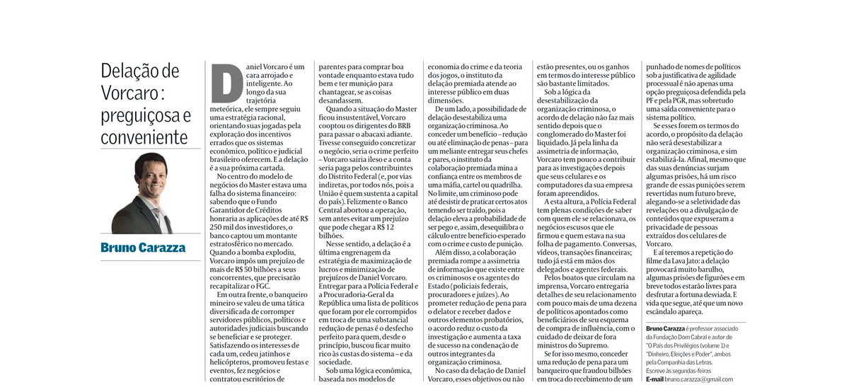 No centro do modelo de negócios do Master estava uma falha do sistema financeiro: sabendo que o FGC honraria as aplicações de até R$ 250 mil.
Quando a bomba explodiu, Vorcaro impôs um prejuízo de mais de R$ 50 bilhões a seus concorrentes, <a href="/BrunoCarazza/">Bruno Carazza</a> cirúrgico 
<a href="/reztirps/">Andre Spritzer</a>