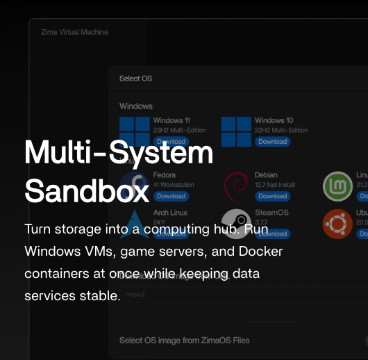 ZimaSpace's tweet photo. One device. More possibilities.
Run VMs, game servers, and containers together with Multi-System Sandbox in ZimaOS. With one-click installs for mainstream OS options.

From $799. Ships March 30th. 🔗https://t.co/z4I95j5xNP

#ZimaOS #VM #Homelab #SelfHosting #VirtualMachine #Docker #HomeServer
