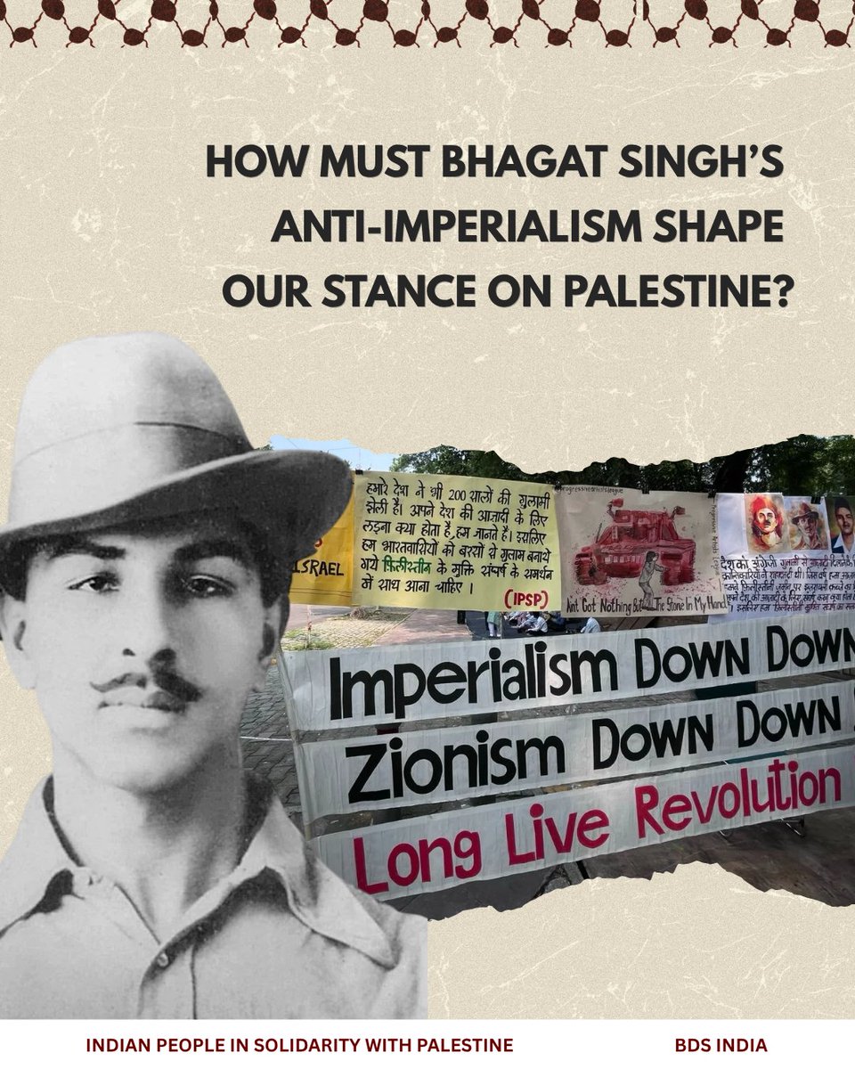 BDS_in_India's tweet photo. On this day, 95 years ago, Bhagat Singh and his comrades from HSRA, Sukhdev and Rajguru, were hanged to death by the British empire for daring to demolish the yoke of British imperialism and for envisioning a world without oppression. 

1/ https://t.co/F8iy2tdSAg