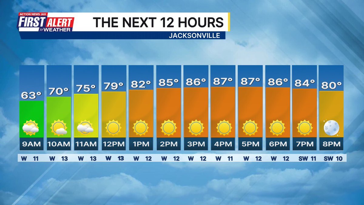 wxgarrett's tweet image. Morning! Here is how the next 12 hours in Jacksonville will shape up. #FirstAlertWX wjaxweatherapp.com