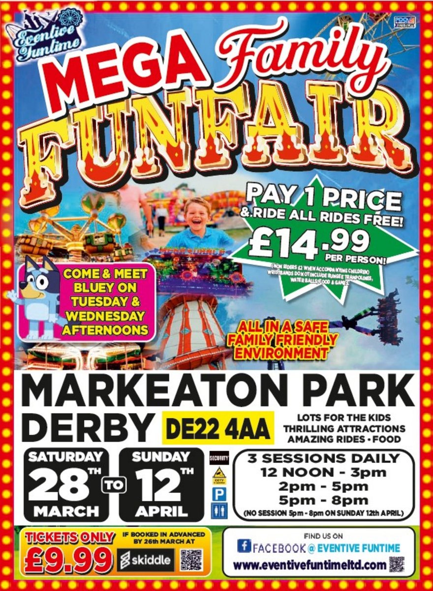 VisitDerby's tweet image. 🎡✨ Mega Family Fun in Derby!
📍 Markeaton Park | 📅 28 Mar-12 Apr
Don't miss rides, games &amp;amp; non-stop family fun this Easter!
More info ⬇️
visitderby.co.uk/events/derby-m…
#DerbyUK #FamilyFun #FunFair #VisitDerby #DaysOut