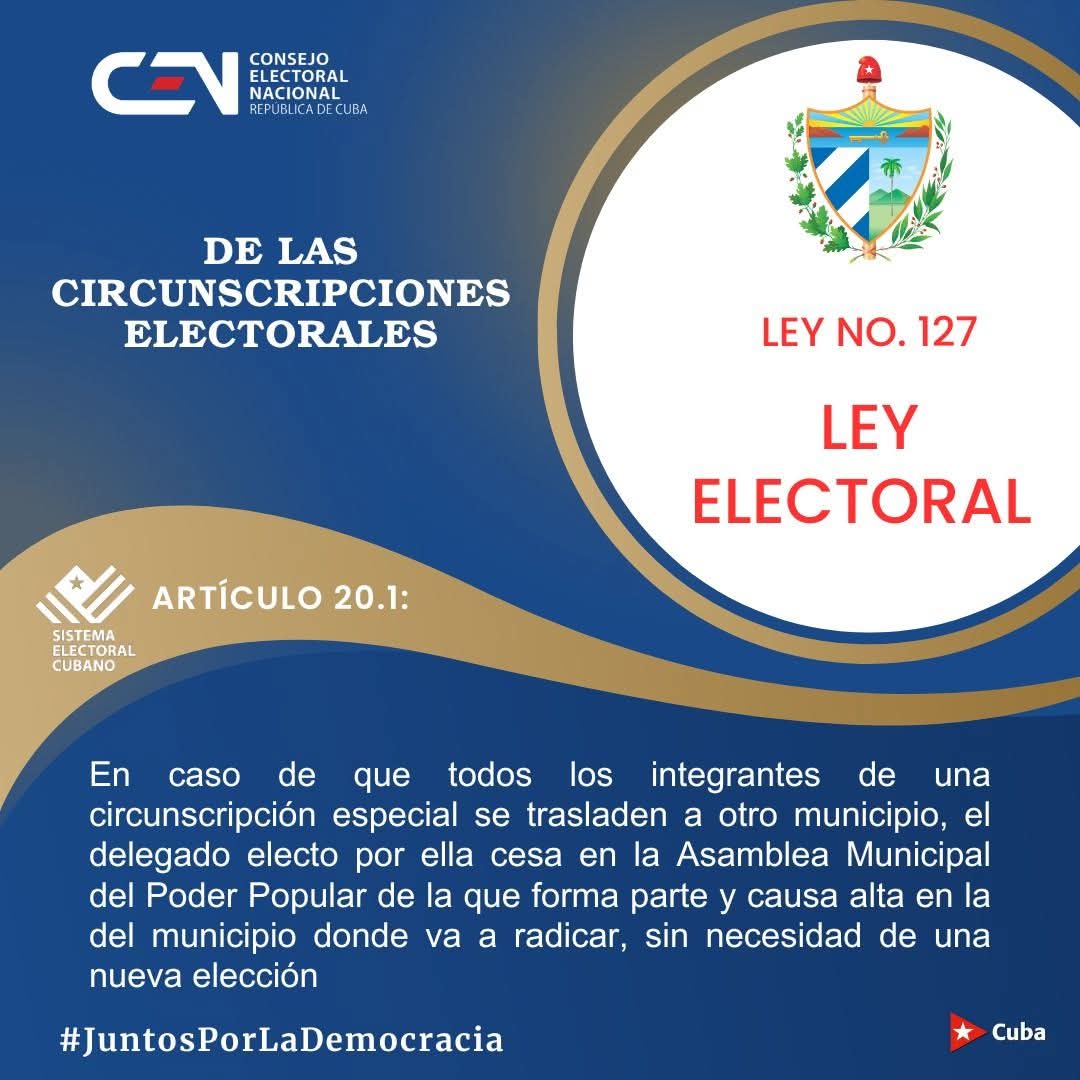 #CENCuba / Saludos 🇨🇺 
Iniciamos la semana abordando otros aspectos de las circunscripciones, según lo dispuesto por la Ley No. 127, Ley Electoral. 
#JuntosPorLaDemocracia