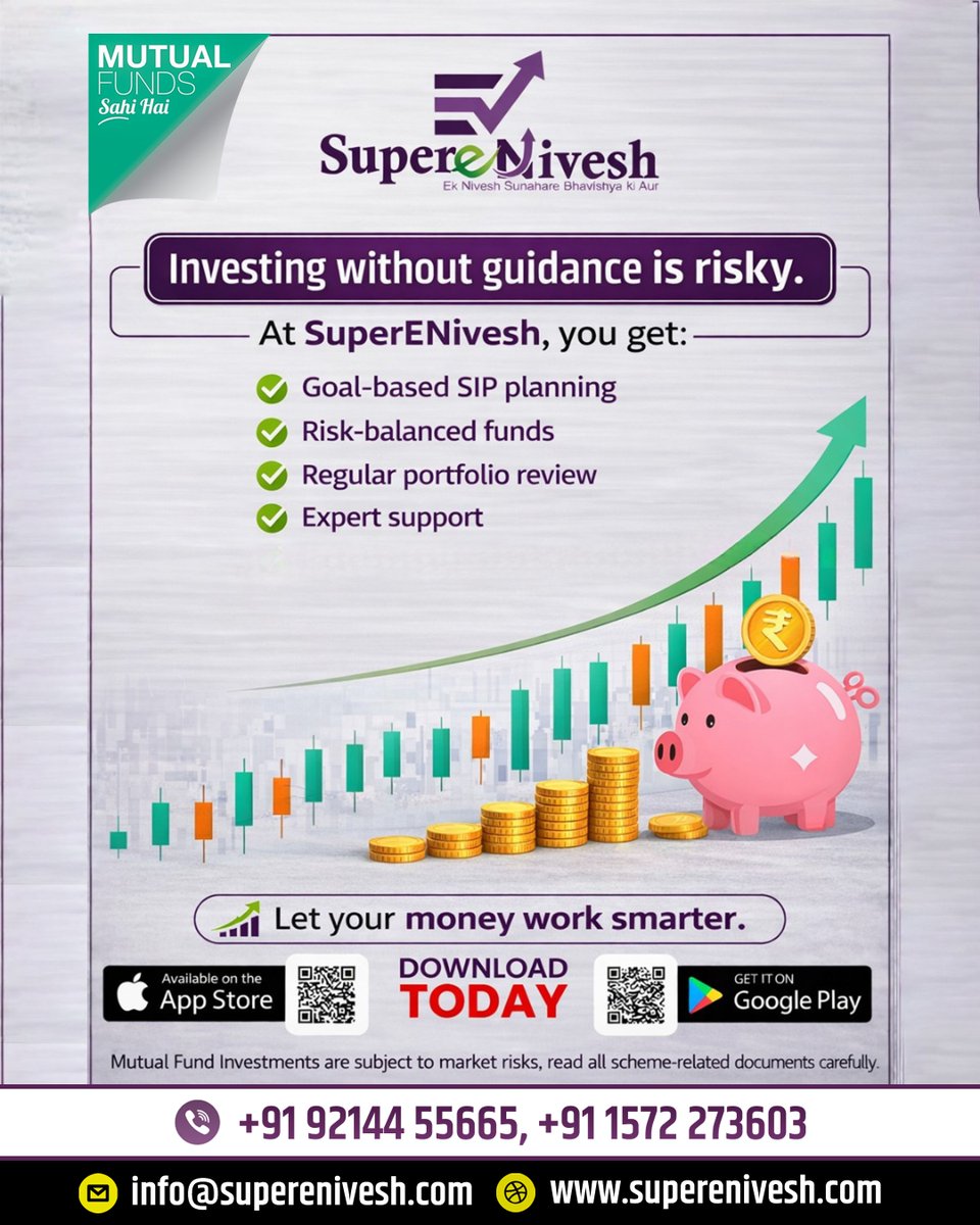 SuperYatra's tweet photo. Investing without guidance = unnecessary risk 📉

With SuperENivesh, get:
✔ Goal-based SIP planning
✔ Balanced funds
✔ Expert support
Let your money work smarter 💰📈
📲 Download now
#MutualFunds #InvestSmart #SIP #WealthCreation #FinanceTips #MoneyMatters https://t.co/BmvXEuqzTy