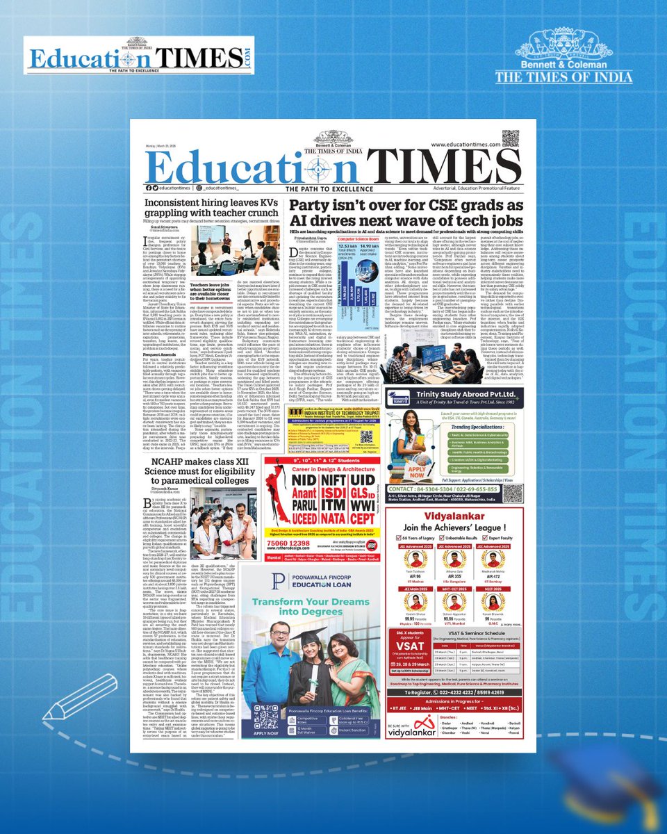 educationtimes's tweet photo. This week’s Education Times explores the surge in https://t.co/yEsvk8NMoq enrollments in CSE seats at private engineering colleges, driven by the growing influence of AI in the tech landscape. https://t.co/avvirncaU2