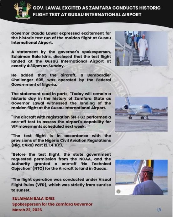 AliGwamna_'s tweet photo. PRESS STATEMENT

GOV. LAWAL EXCITED AS ZAMFARA CONDUCTS HISTORIC FLIGHT TEST AT GUSAU INTERNATIONAL AIRPORT

Governor Dauda Lawal expressed excitement for the historic test run of the maiden flight at Gusau International Airport. https://t.co/En2Jh8r0LR