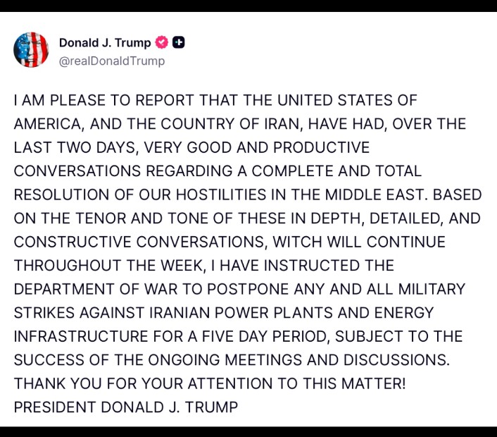 दुई दिनदेखि इरानसँग सकारात्मक वार्ता भइरहेको र अब इजरायल ले पाँच दिनसम्म इरानमाथि कुनै पनि आ*क्रमण नगर्ने बताइएको छ.
#weneedpeaceworld #DonaldTrump #peace 🕊️.