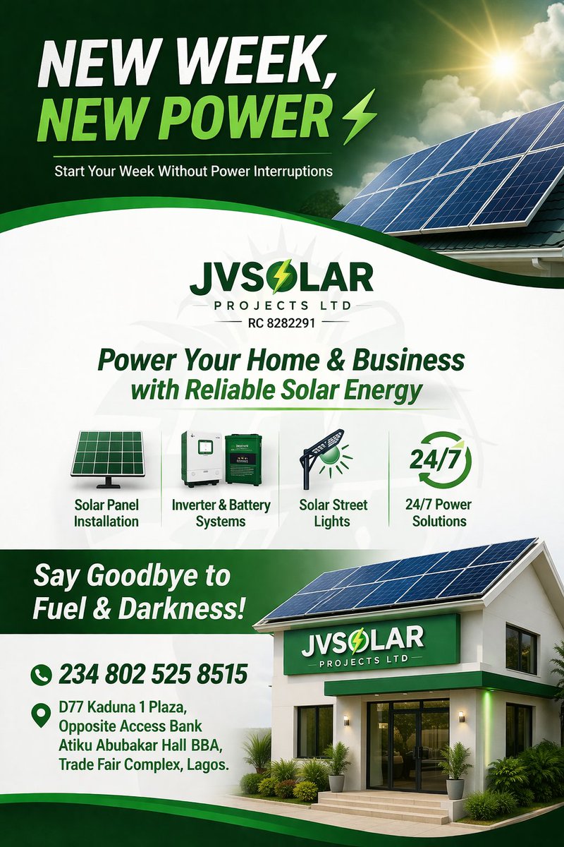 jvsolarprojects's tweet photo. 🔆 NEW WEEK, NEW POWER!

Why start your week with blackout and generator stress? 🤦🏽‍♂️

Switch to reliable solar and enjoy:
✅ Constant electricity
✅ Zero fuel cost
✅ Peace of mind

At JVSolar, we help homes and businesses stay powered 24/7 — no excuses. https://t.co/GdzG5eiFMy