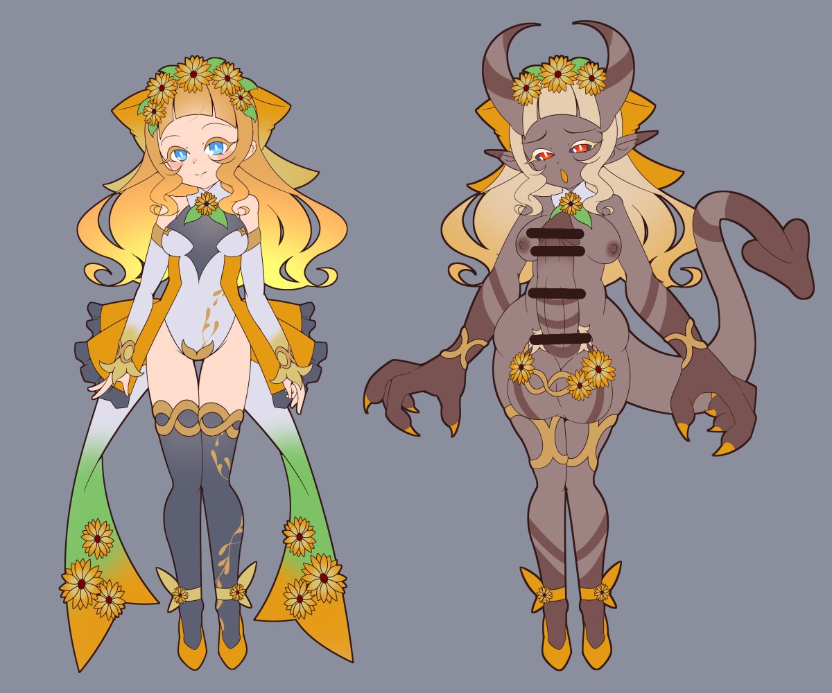 花聖騎士ルミエールちゃん ふたなり鬼化   花聖騎士としての力が人外の力へと変質しフタナリのオニとなってしまった姿。彼女の白い肌は褐色へと染まり、清楚でお人形のようなみための少女はたくましいオニへと変わってしまった。彼女のキンタマはひと際大きく、熱い精がたっぷりと詰まっている。 