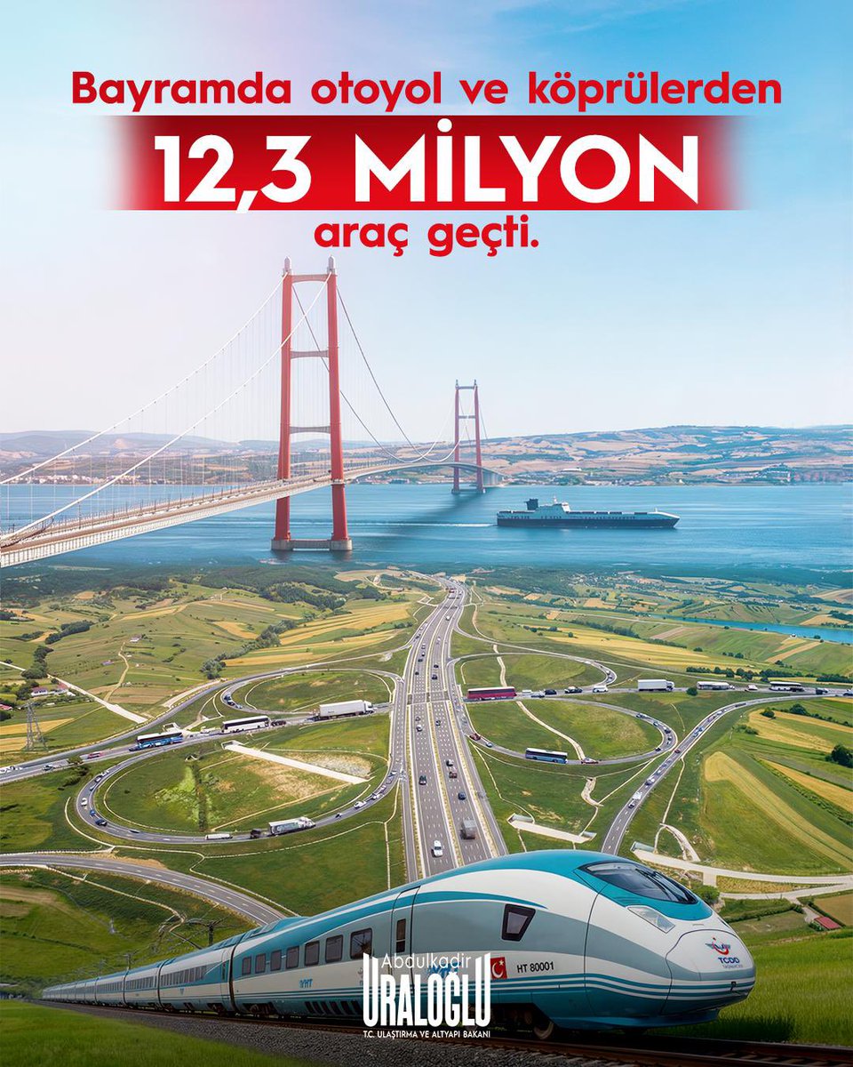 🌉 18-22 Mart’ta otoyol ve köprülerimizden 12,3 milyon araç geçişi gerçekleşti, otobüslerimiz 1,6 milyon yolcu taşıdı.

🚄 Demiryolu ve kent içi raylı sistemlerimizi 2,5 milyon vatandaşımız kullandı.

🛫 Havalimanlarımızda 2,5 milyon yolcuyu ağırladık.

💫 Her yolculukta güven ve