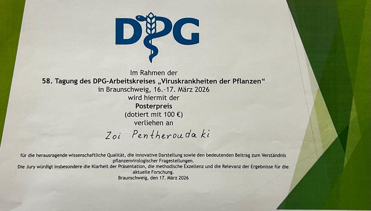 cnrs_ibmp's tweet photo. 🎉 Congratulations to Zoi Pentheroudaki (Todd Blevins’ group, IBMP) on receiving the Best Poster Prize at the 58th DPG meeting “Viruskrankheiten der Pflanzen” 🇩🇪👏 https://t.co/CrklX7JO69