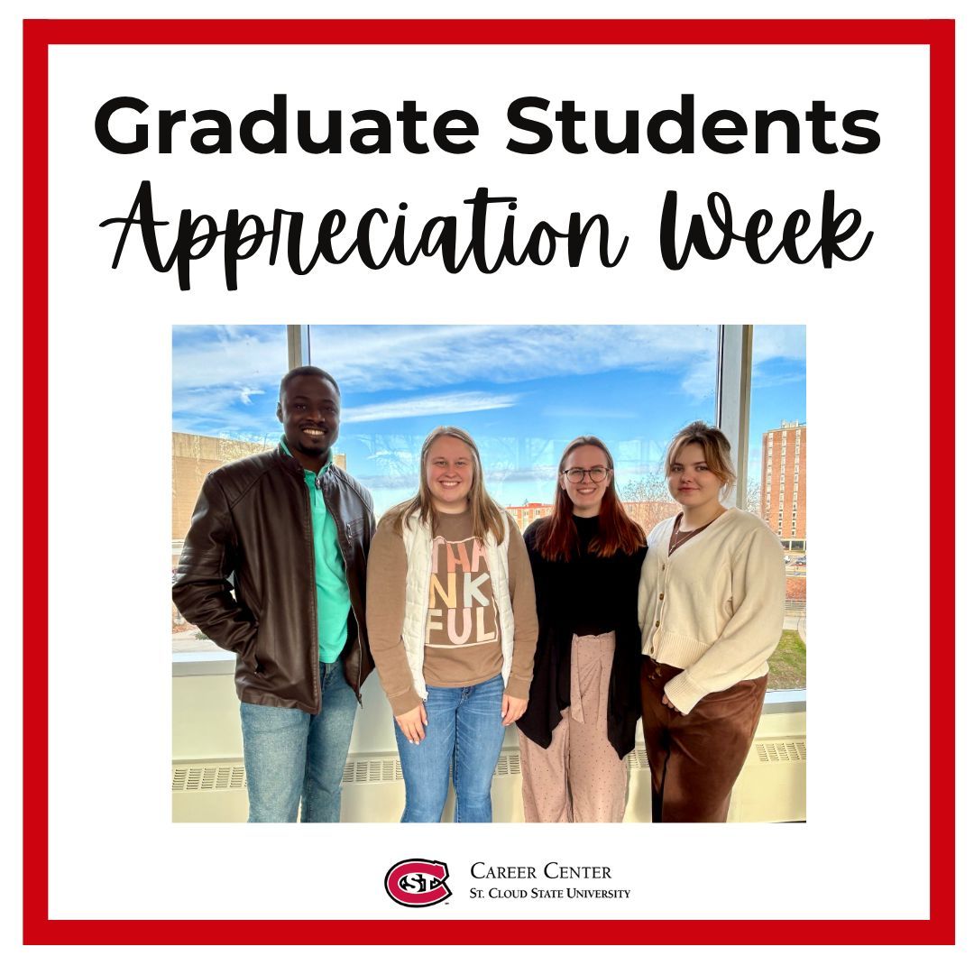 SCSUCareer's tweet image. Celebrating our graduate student staff this week!
Shoutout to our four amazing Graduate Assistants for the energy, dedication, and support you bring to the Career Center. You make a difference every day.
#SCSU #CareerCenter #GradWeek