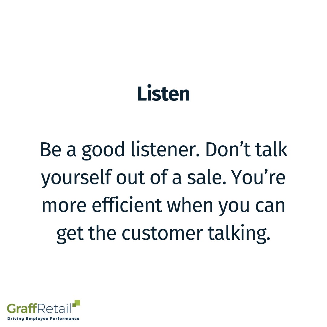 graffretail's tweet image. The more your customer talks, the more they tell you exactly how to sell to them.

What they need. What they are worried about. What would make them say yes.

It is all there. You just have to stop talking long enough to hear it.

#RetailSales #RetailTips #GetManaging