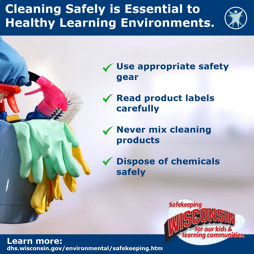 DHSWI's tweet image. Work in a #school or early childhood #education and doing some #SpringCleaning? Do it safely! Use these #tips when handling chemicals and disinfectants to keep your staff and kids in healthy learning environments. Find more tips at dhs.wisconsin.gov/environmental/….