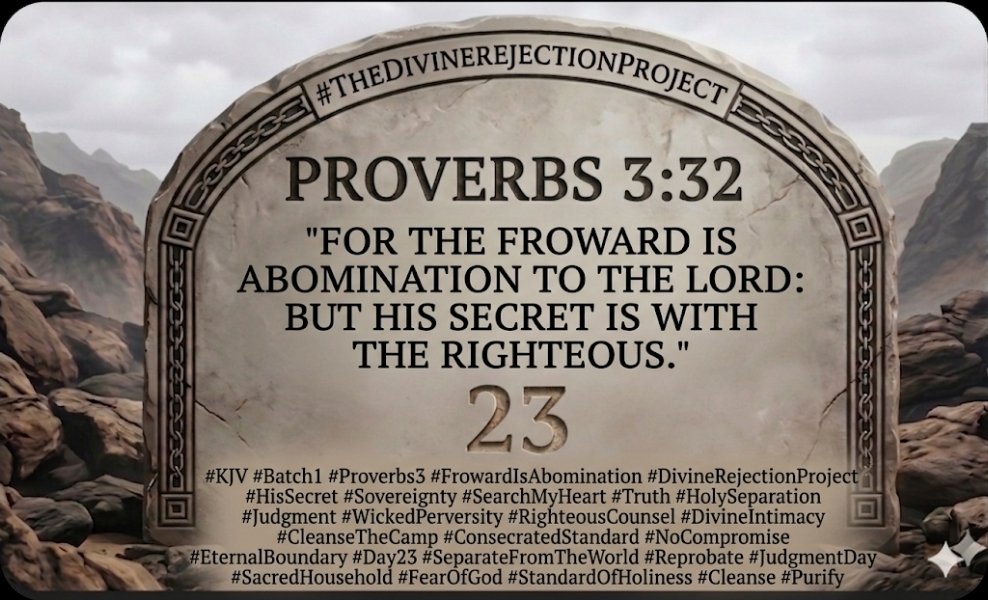 AbiWBC's tweet photo. Day 23 (3/23/26): Proverbs 3:32 declares the "froward" are an abomination to the LORD. Perversity is rejected at the source. The Sovereign holds a plumb line in His hand, reserving the "secret" of Divine intimacy only for the righteous.
​#TheDivineRejectionProject #Proverbs3_32 https://t.co/9eWhtJAIpD