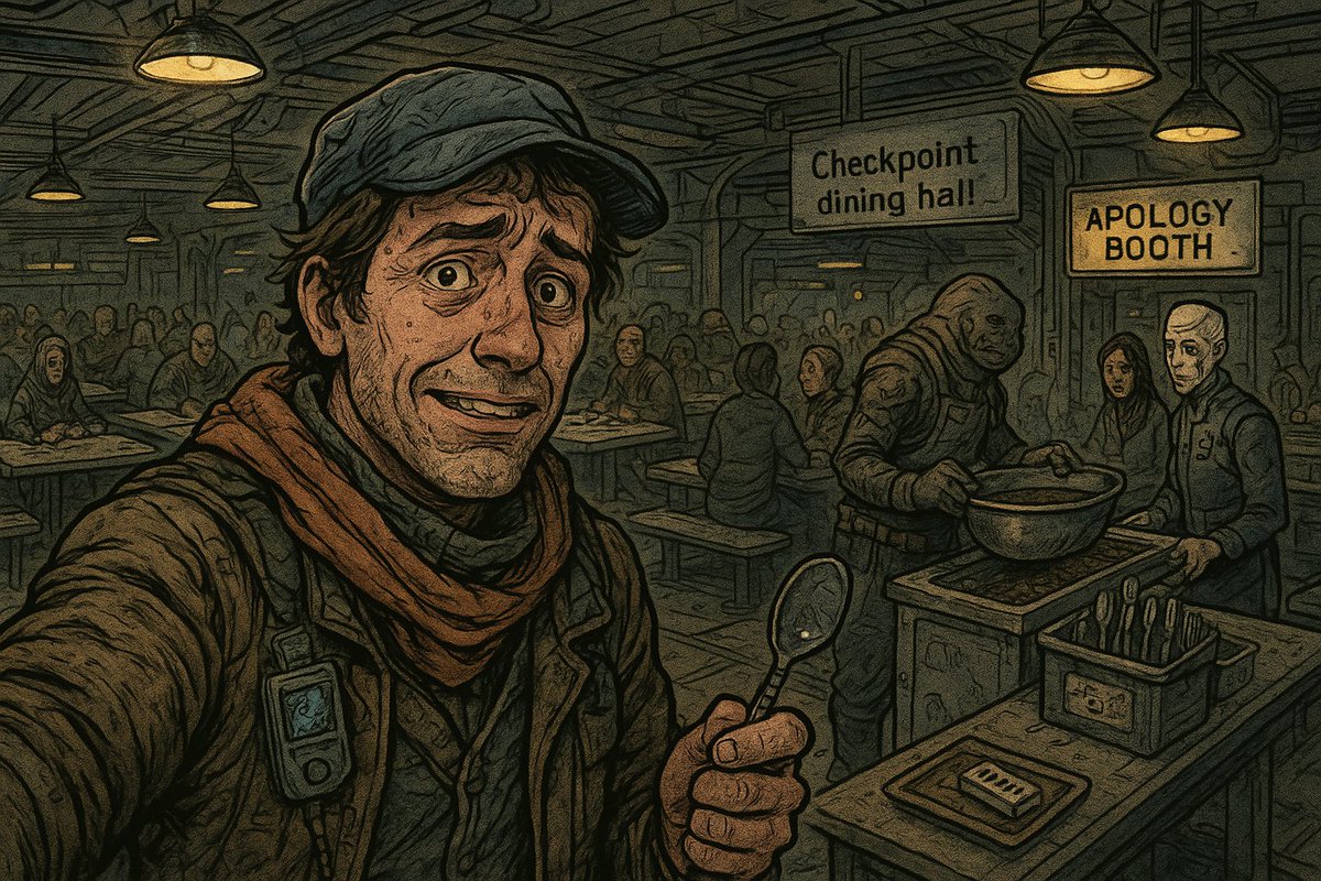 Just arrived at Checkpoint dining hall, a station canteen that appears to treat lunch as a branch of moral philosophy. The soup line smells of ballast broth, hot metal, and consequences. The canteen tables are laid out like they expect worship or litigation. I took a spoon from