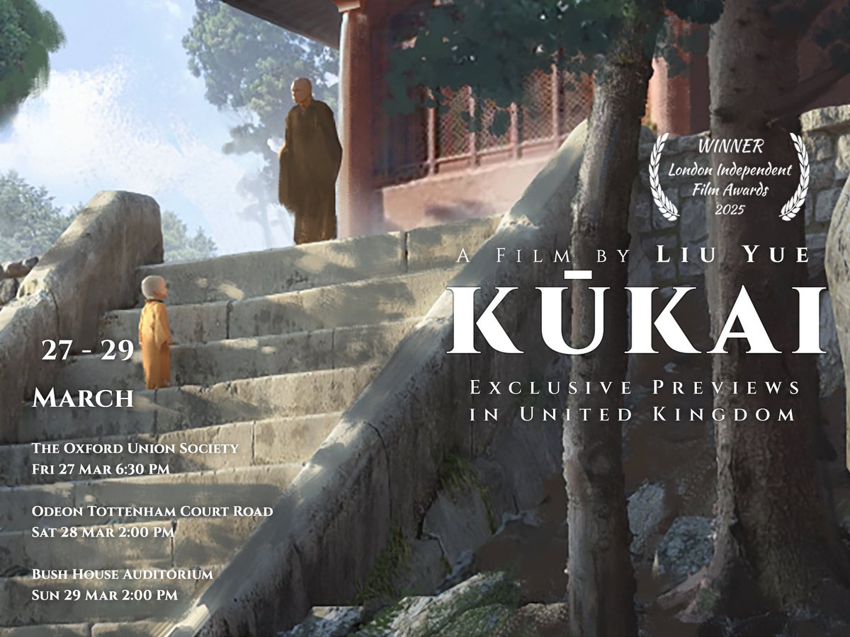 kukaimovie's tweet photo. In the noise and pace of London, anxiety, distraction, and inner exhaustion can begin to feel like part of everyday life. Meditation and related practices have taken root so deeply in the UK, offering a way to pause, breathe, and reconnect with the present. 🌿

The longing for presence and inner peace finds deep expression in the life and practice of Kukai. Kukai advocated rooting the heart in inner clarity and calm as a way of maintaining inner steadiness amid the turbulence and impermanence of life. His example of looking beyond the self and caring for others with enduring commitment offers a sense of grounding to those who feel lost in the modern world.

From the splendour of Chang’an to the stillness of Mount Koya, Kukai’s life reveals how focus can be sustained in times of turmoil, and how one may stay true to one’s deepest purpose amid the distractions of the world. Meditation is more than breathing exercises; they are a journey towards inner peace and a return to one’s true nature.

Now, a group of filmmakers from China has brought Master Kukai’s extraordinary life to the screen. Whether you are feeling worn down by study, work, or the pressures of modern life, we warmly invite you to step into the cinema. Through this documentary, may we turn to Kukai’s wisdom and find a quiet harbour for the soul. 

📍KŪKAI has FREE preview screenings in London and Oxford this month.

🎫 Free registration via: https://t.co/ND4dMUYc7q

#meditation #documentary #innerpeace #londonevents #oxfordevents #kukaimovie