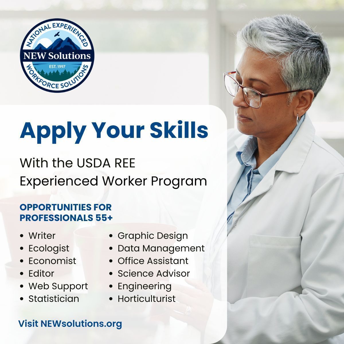 NEWSolutionsUS's tweet photo. Professionals 55+: Put your experience to work! Support a safe, sustainable food and fiber system and help strengthen communities through USDA’s REE EWP. Explore opportunities at https://t.co/0rY2k3btuQ https://t.co/vLgakkFLvH