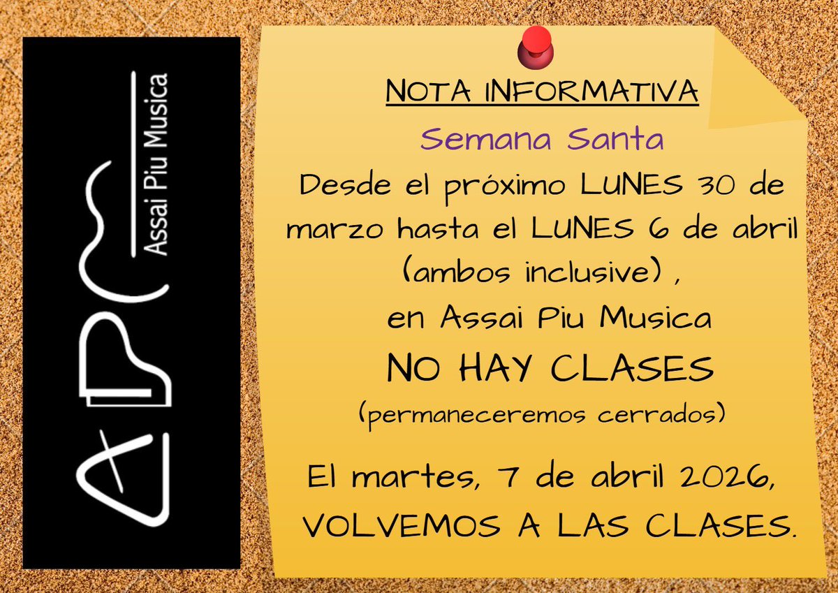 AssaiPiuMusica's tweet photo. … pronto, vacaciones de Semana Santa 
🎶🎶🎶 https://t.co/rZTrXwE8RK