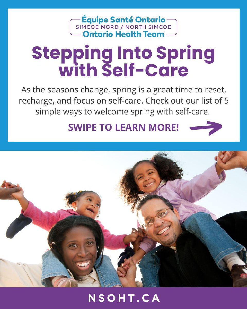 OHTNorthSimcoe's tweet image. Spring is here! 🌿 Reset &amp;amp; recharge with simple self-care:

☀ Get outside
🏃 Move your body
🔄 Refresh your routine
🎯 Set one goal
💬 Check in with your mental health 

#SpringSelfCare #MentalWellness #HealthyHabits #CommunityWellness #NorthSimcoe #NSOHT