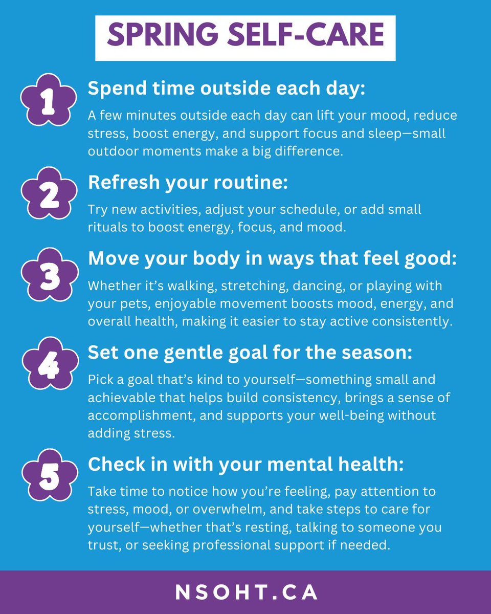 OHTNorthSimcoe's tweet image. Spring is here! 🌿 Reset &amp;amp; recharge with simple self-care:

☀ Get outside
🏃 Move your body
🔄 Refresh your routine
🎯 Set one goal
💬 Check in with your mental health 

#SpringSelfCare #MentalWellness #HealthyHabits #CommunityWellness #NorthSimcoe #NSOHT