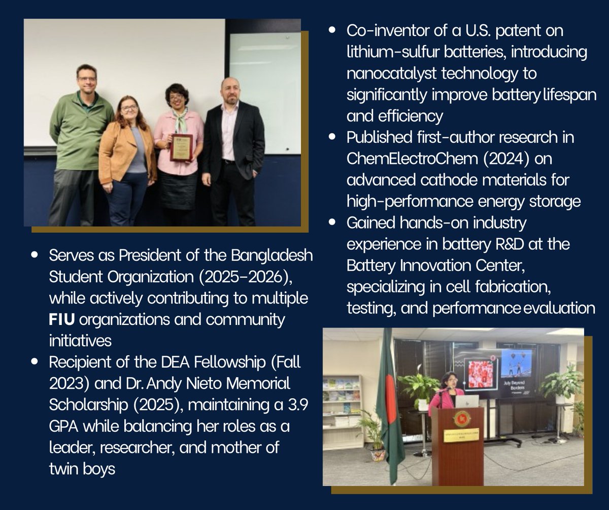 mme_fiu's tweet image. Spotlighting Georgina Jahan, a PhD student in Materials Science &amp;amp; Engineering driving innovation in battery technology 🔬⚡️

From groundbreaking research to strong campus leadership, she’s making an impact in STEM and beyond.

#StudentSpotlight #Engineering #FutureInnovator