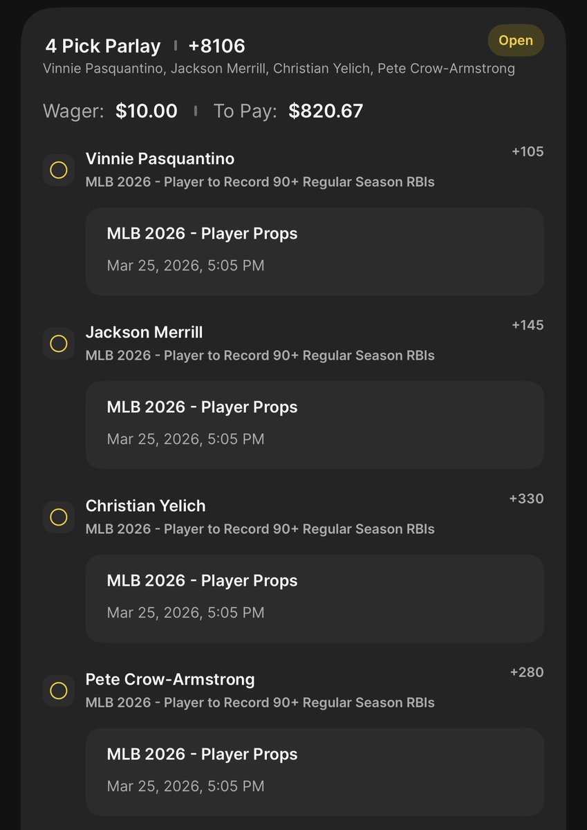 WickedBettor54's tweet photo. With Opening Day this week, I’m firing these out again.
Placed them in February during the Olympics when the odds were at their highest.
#MLBFutures https://t.co/q6TnCBU8xR