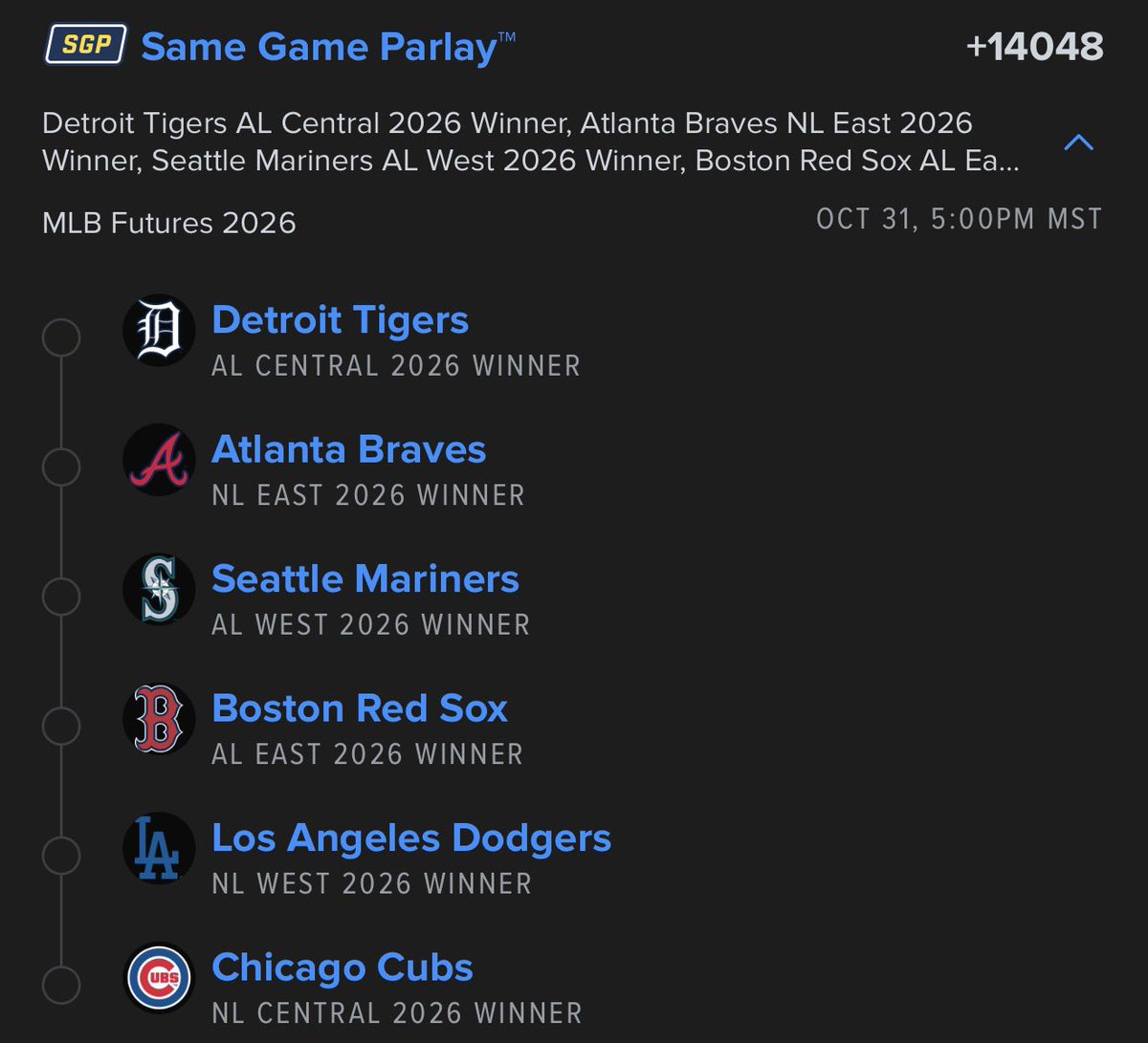 WickedBettor54's tweet photo. With Opening Day this week, I’m firing these out again.
Placed them in February during the Olympics when the odds were at their highest.
#MLBFutures https://t.co/q6TnCBU8xR