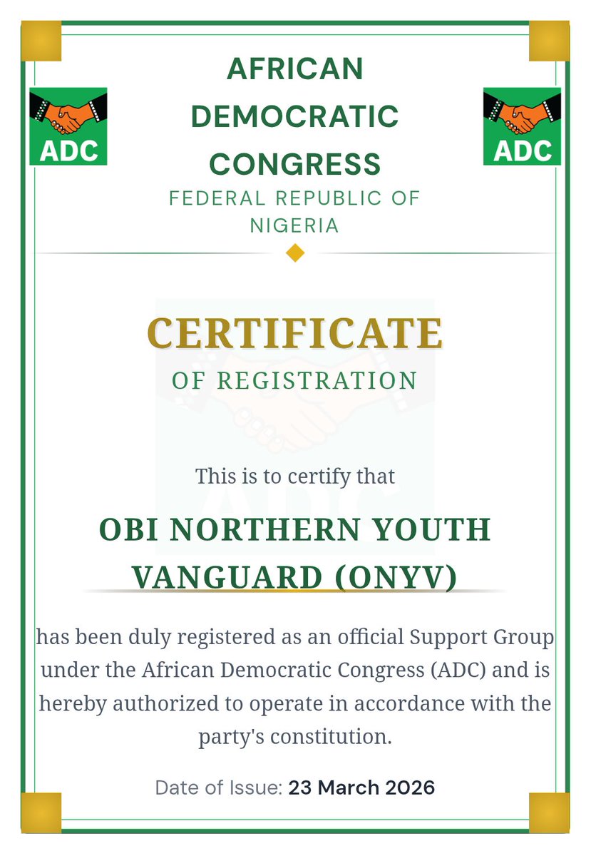 Hadaranpeterobi's tweet photo. Alhamdulillah!
Today marks a pivotal moment in our journey toward a better Nigeria. I am deeply grateful to Almighty Allah (SWT) for His guidance and for granting us the opportunity to officially register the Obi Northern Youth Vanguard (ONYV) as a certified support group. https://t.co/VAJcpkhl5P