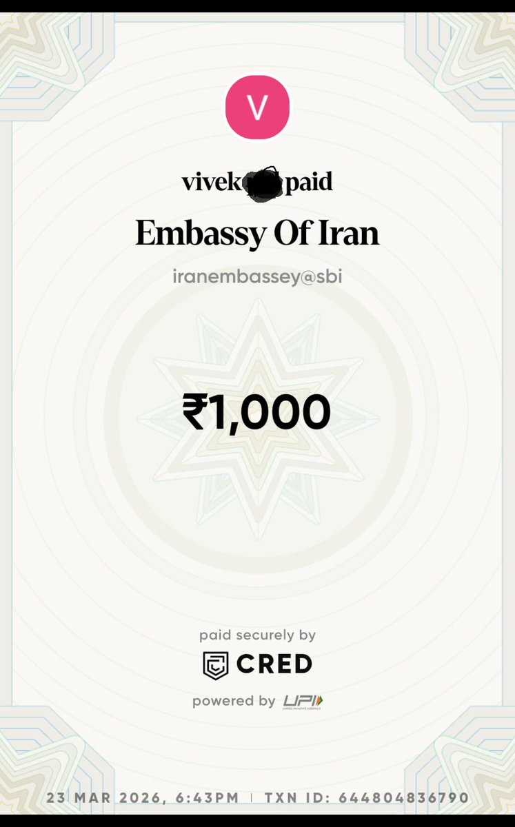 tanhajigyasuman's tweet photo. @Iran_in_India Apart from my previous transaction, I have made another small contribution from my side (as a Hindu Indian, just to debunk the idea that only Shia Indians are contributing to Iran) for the people of Iran. https://t.co/O7ni9JiVbN